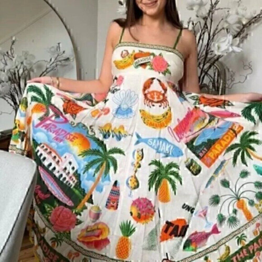 Tropical Summer Paradiso Midi Maxi Strapless  Dress XL
